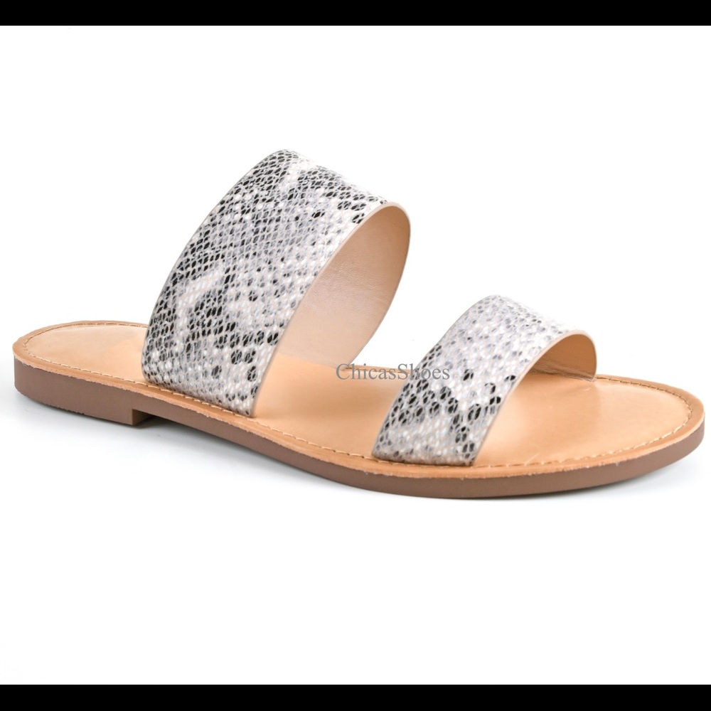 New Beige Python Slip On Faux Suede Flat Sandals